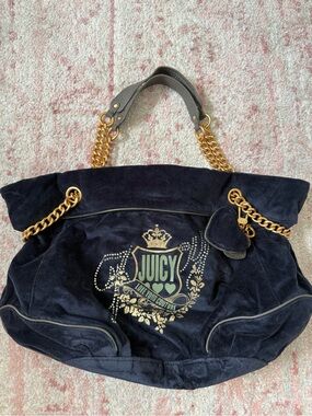 Vintage 2010s Juicy Couture Large Navy Suede Tote with Gold Chain Handles